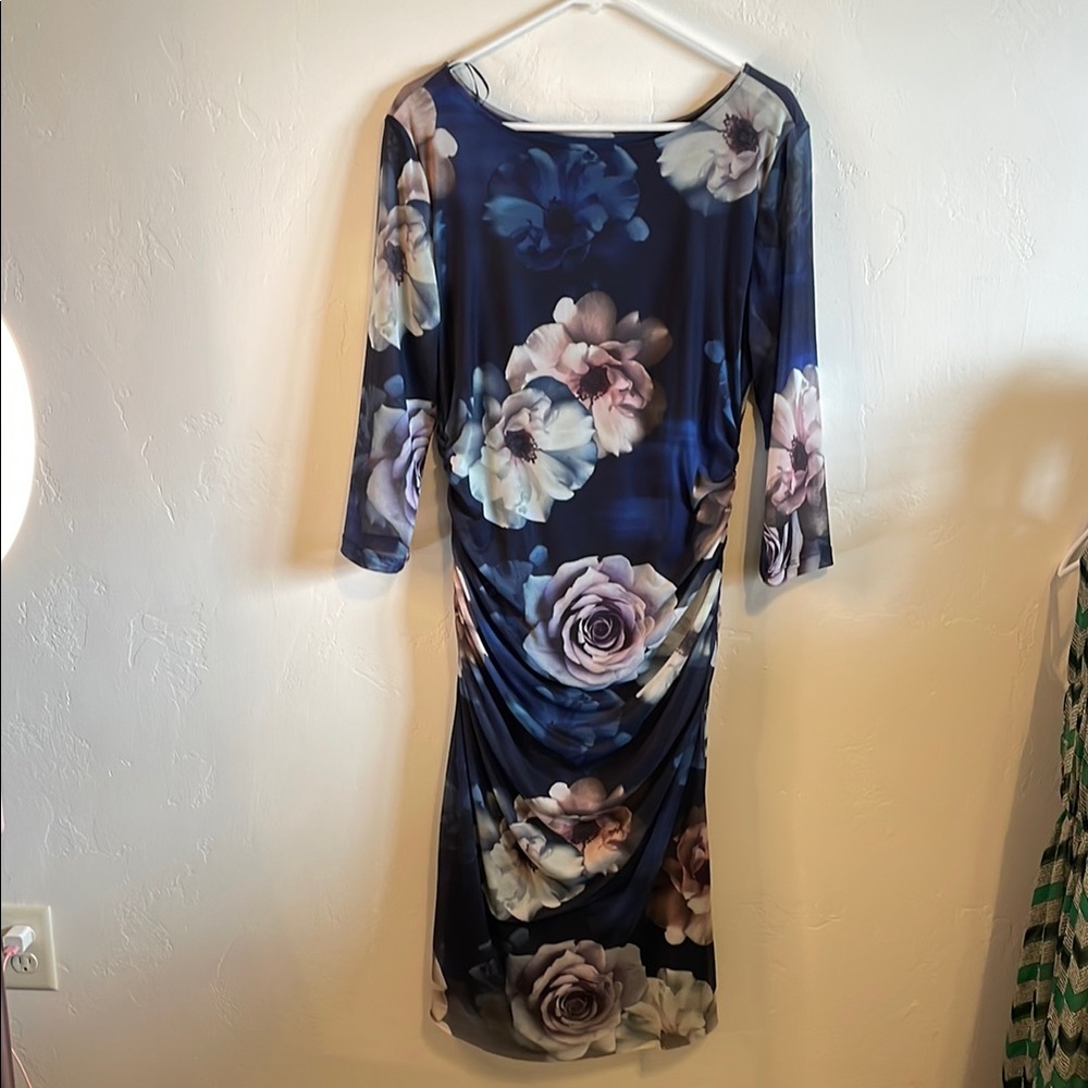 Chic Long Sleeve Floral Dress in Blue and Cream